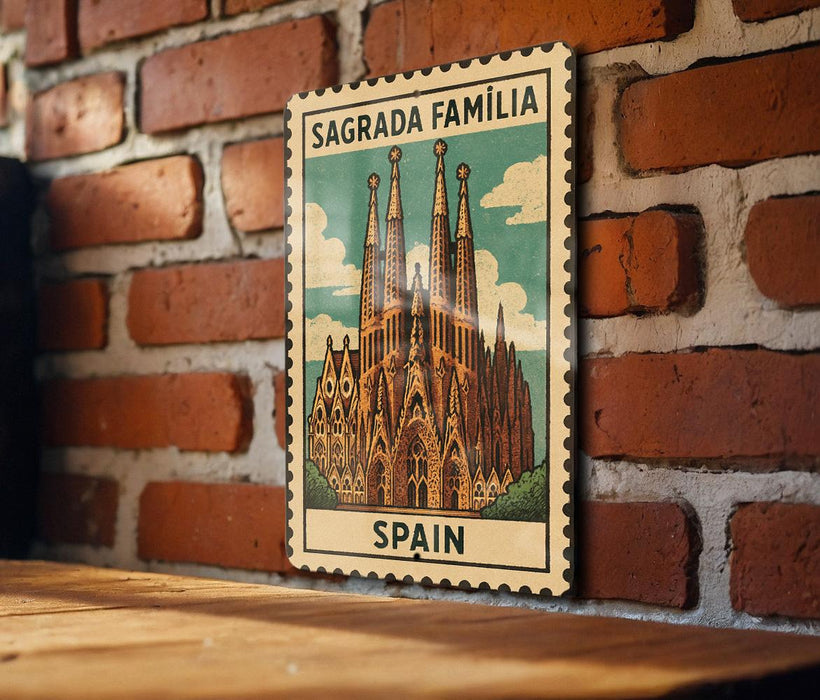 A vintage postage stamp featuring the Sagrada Familia, the famous Roman Catholic church in Barcelona, Spain.