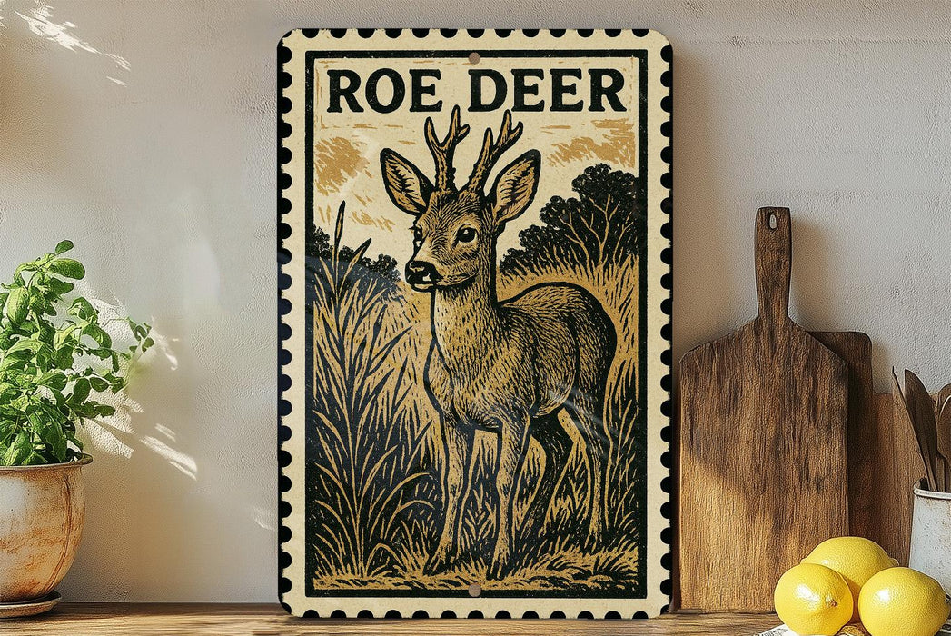 a decorative metal sign with a deer illustration, placed on a wooden surface next to a potted plant and a wooden cutting board.