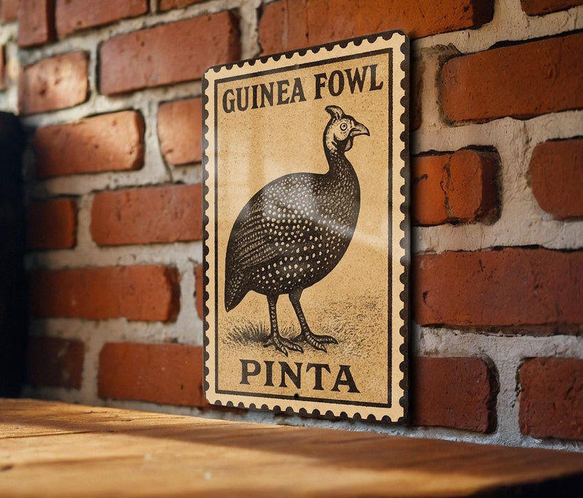 a wooden table with a vintage-style postage stamp depicting a guinea fowl, mounted on a brick wall.