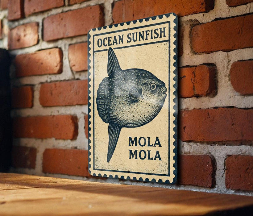 a vintage-style metal sign with a picture of a mola mola, a type of fish, mounted on a brick wall.