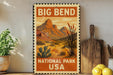 a vintage-style sign for Big Bend National Park, USA, with a desert landscape and cacti illustration.