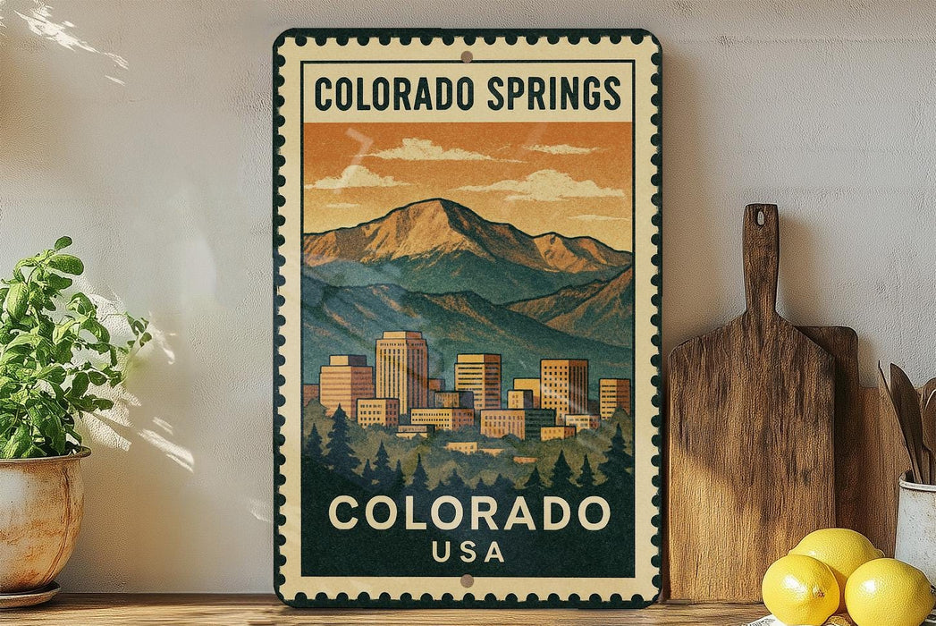 A vintage-style metal sign with a mountain landscape and a cityscape, featuring the text "COLORADO SPRINGS USA" and "COLORADO" at the top and bottom.