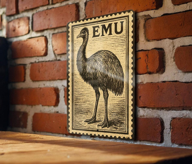 a large emu stamp on a brick wall.