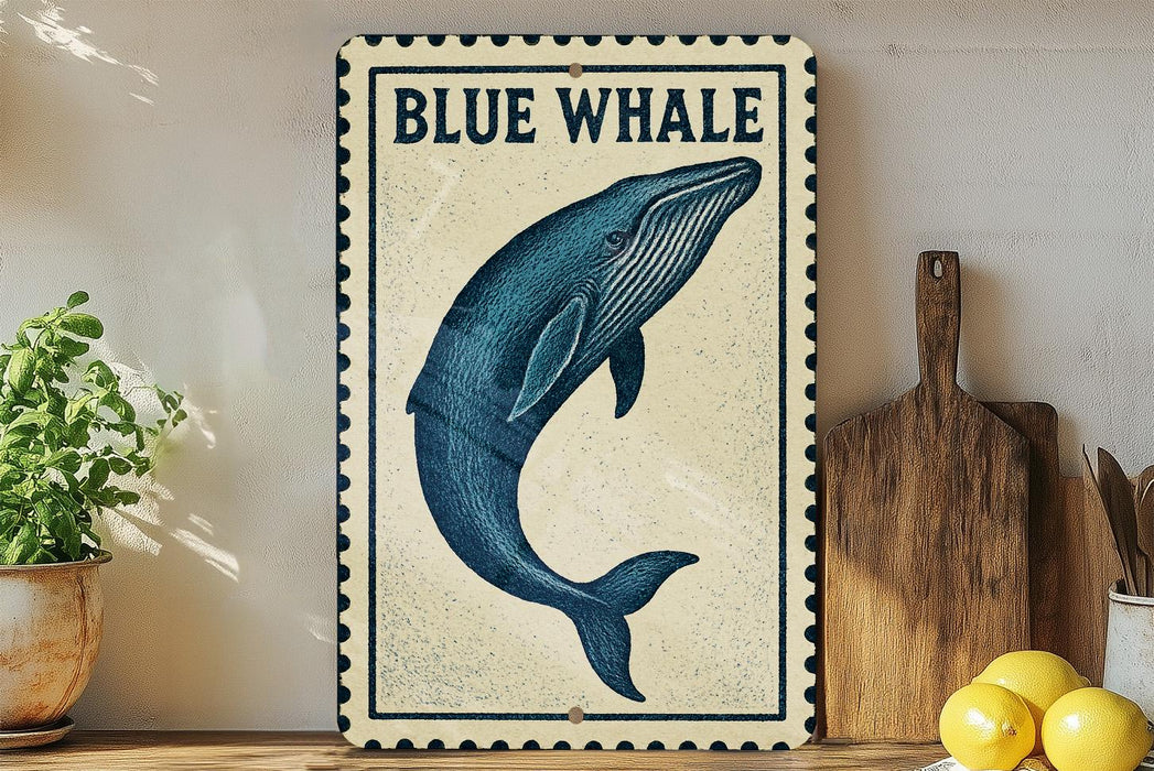 a framed illustration of a blue whale on a shelf, with a wooden cutting board and a potted plant to the side.
