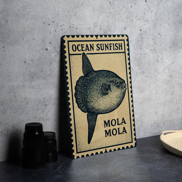 a metal sign with a picture of an ocean sunfish, labeled as "Mola Mola", placed on a table next to some black camera lenses.