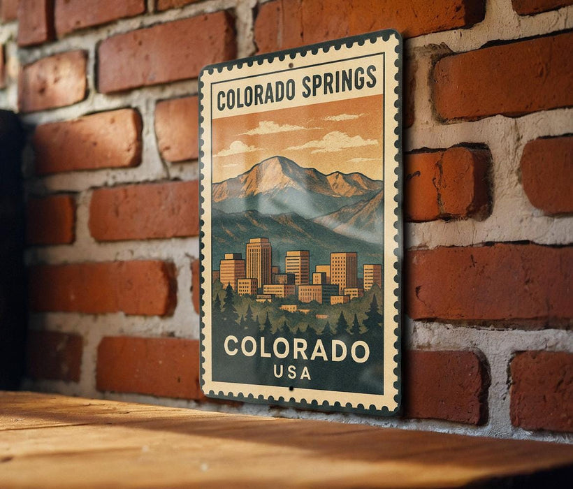 A vintage-style metal sign with a mountain landscape and a city skyline, mounted on a brick wall.