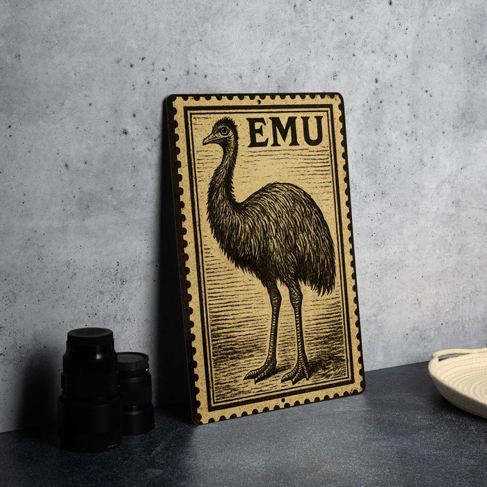 a framed illustration of an emu, a large flightless bird, on a wall.