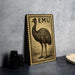 a framed illustration of an emu, a large flightless bird, on a wall.