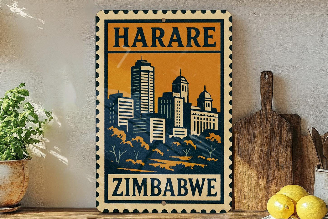 A vintage-style metal sign with the text "HARARE ZIMBABWE" displayed prominently, featuring an illustration of a city skyline. The sign is placed on a wooden surface, with a potted plant, a wooden cutting board, and some lemons nearby.