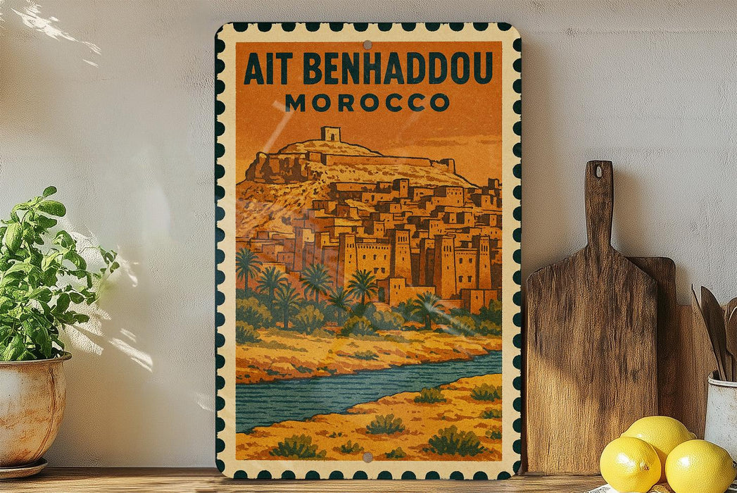 a vintage-style poster of Ait Benhaddou, Morocco, displayed on a wall next to a wooden cutting board and some potted plants.