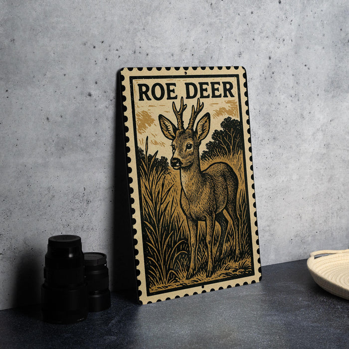 a framed illustration of a roe deer, a type of deer, standing in a grassy field.