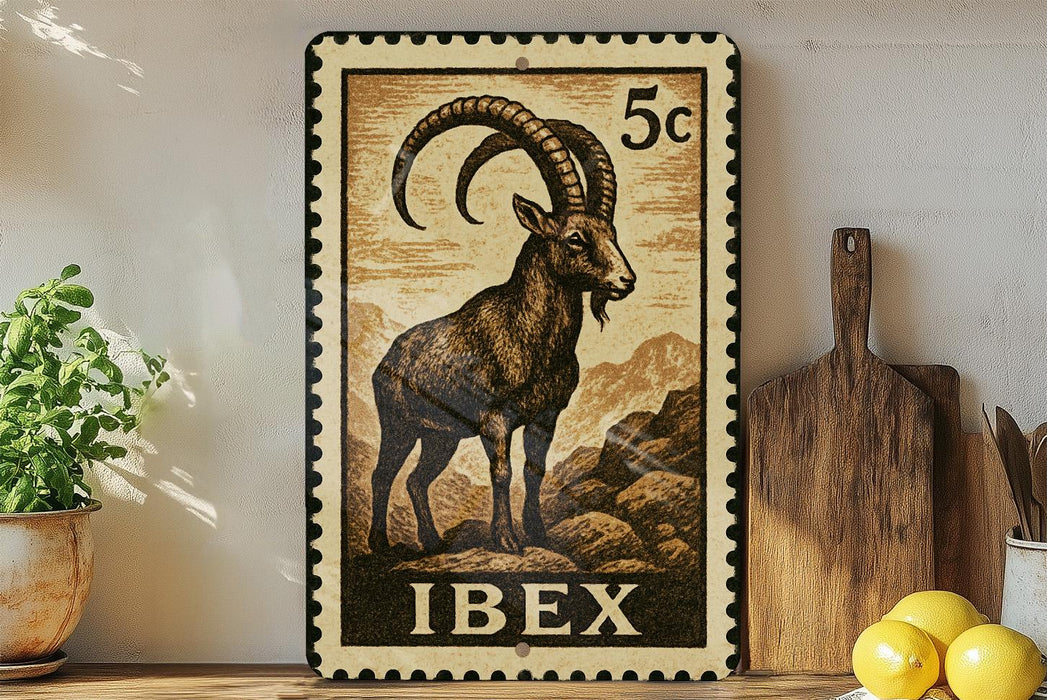 A metal stamp with an illustration of a mountain goat, featuring the word "IBEX" at the bottom.