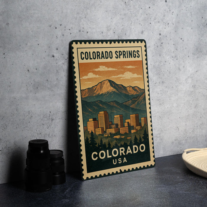 A vintage-style metal stamp depicting the Colorado Springs, USA, with a mountain landscape and city skyline.