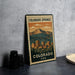 A vintage-style metal stamp depicting the Colorado Springs, USA, with a mountain landscape and city skyline.