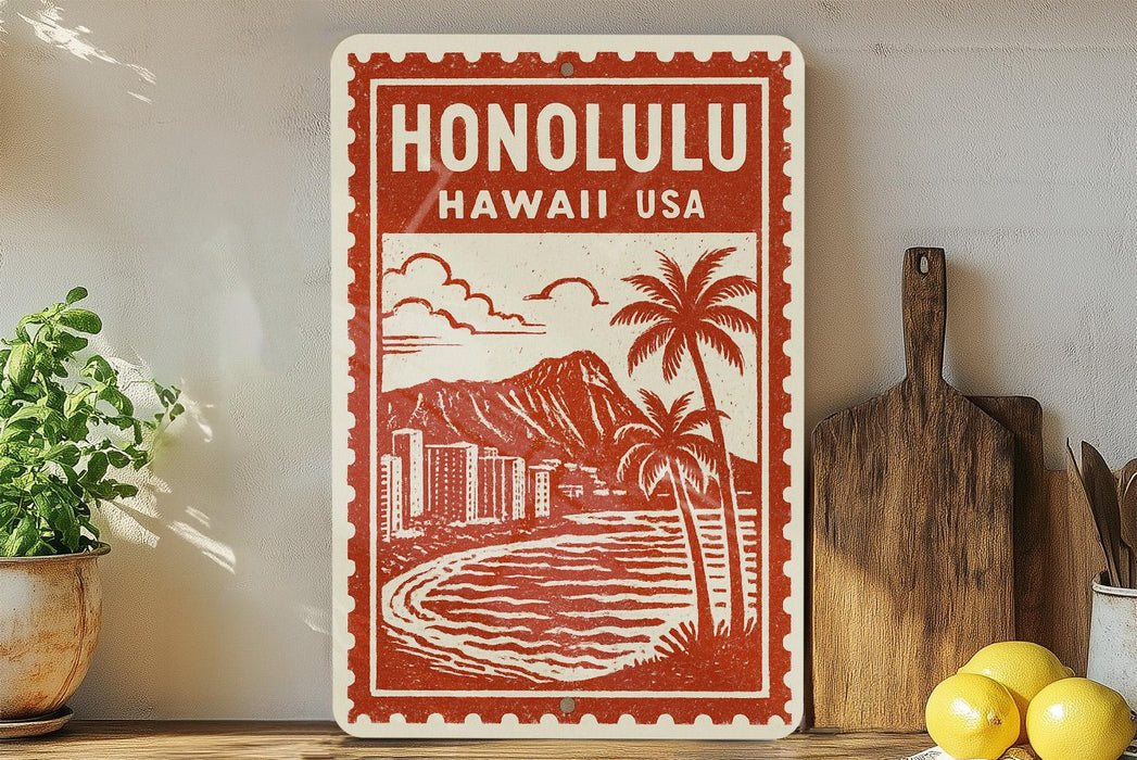 A vintage-style sign depicting a tropical beach scene with palm trees, mountains, and a body of water, with the text "HONOLULU, HAWAII USA" prominently displayed.