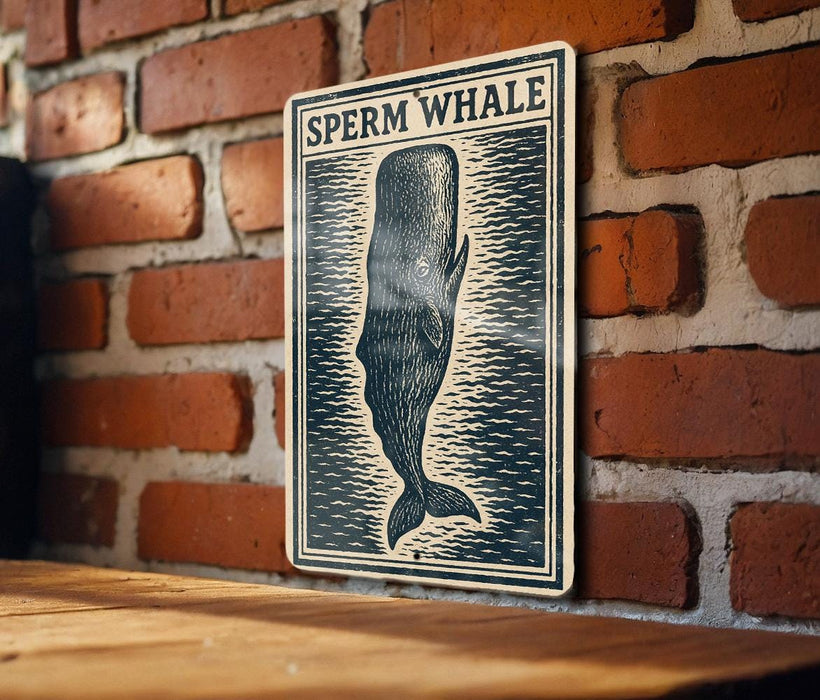 a sign with the text "Sperm Whale" and a graphic of a whale.