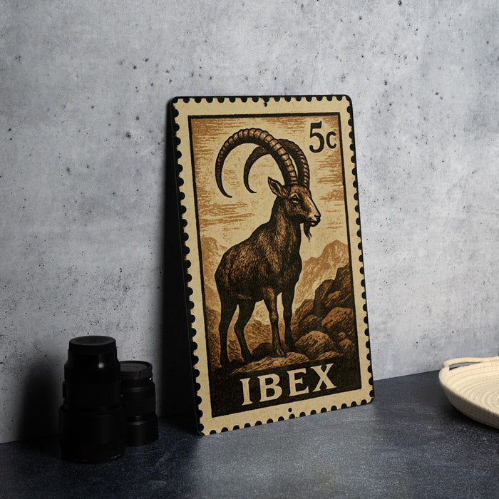 A metal stamp featuring an illustration of a goat with curved horns, placed on a table next to some black camera lenses.