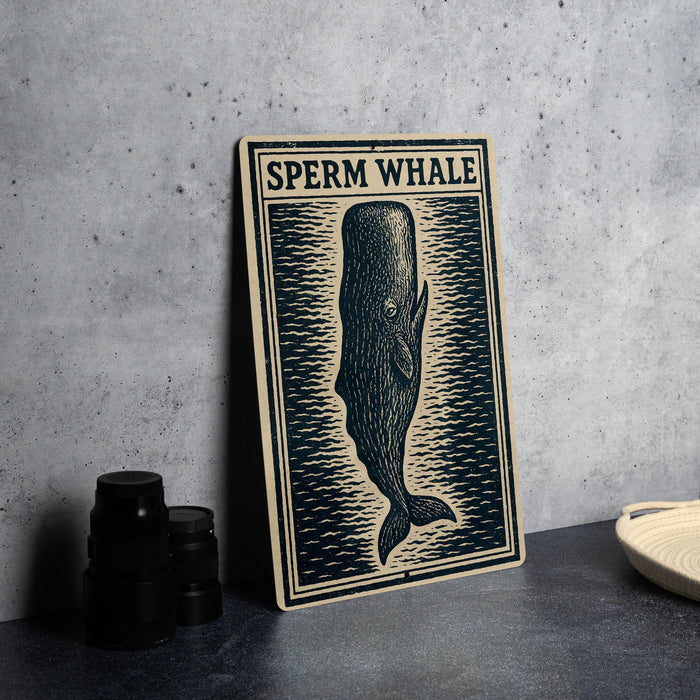 a sign with the text "SPERM WHALE" and an illustration of a whale.