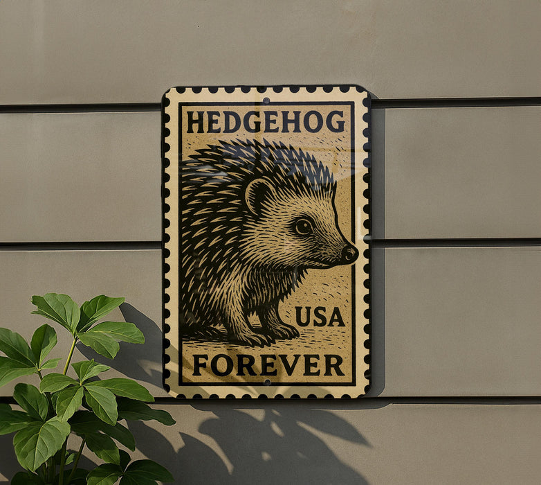A metal sign with a hedgehog illustration and the text "HEDGEHOG USA FOREVER" is mounted on a wall.