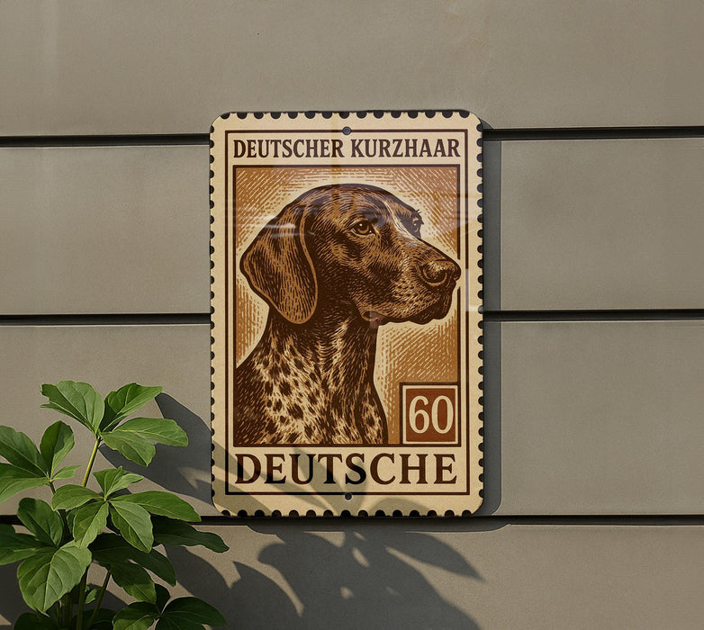 A metal sign with a German Shepherd dog on it, mounted on a wall.