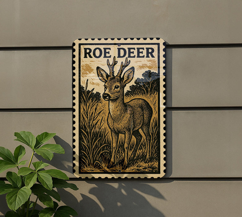 a decorative plaque with a roe deer illustration on it, mounted on a wall next to a plant.