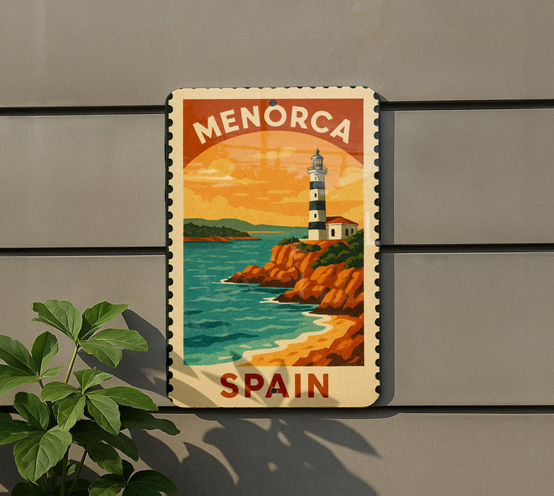 A vintage-style sign depicting a lighthouse on a cliff overlooking the ocean, with the text "MENORCA SPAIN" on it.