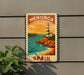A vintage-style sign depicting a lighthouse on a cliff overlooking the ocean, with the text "MENORCA SPAIN" on it.
