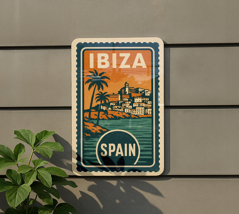 a vintage-style sign that reads "IBIZA" and "SPAIN", with a tropical cityscape and palm trees depicted on the sign.