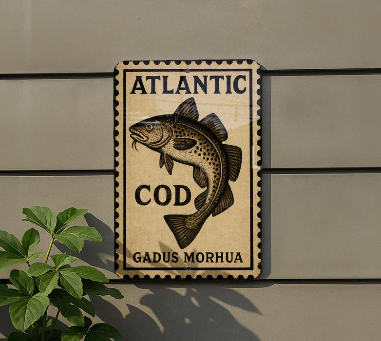 a sign with a fish illustration and the text "Atlantic Cod" and "Gadus Morhua" on it, mounted on a wall.