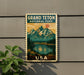 A vintage-style postage stamp featuring a mountain landscape with a lake and pine trees, mounted on a wall next to a plant.