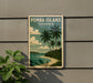 A vintage-style sign for Pemba Island, Tanzania, featuring a tropical beach scene with palm trees and a blue sky.