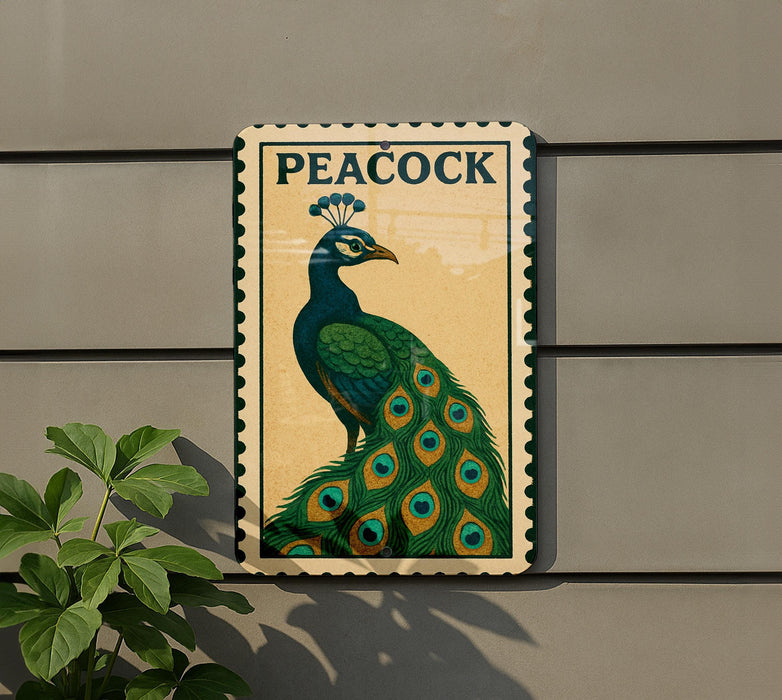 A decorative metal plaque featuring a colorful illustration of a peacock, with the word "PEACOCK" prominently displayed.