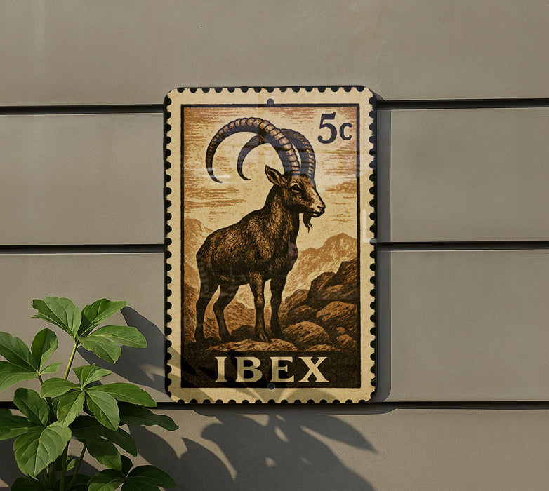 A postage stamp featuring a goat with large curved horns, mounted on a wall.