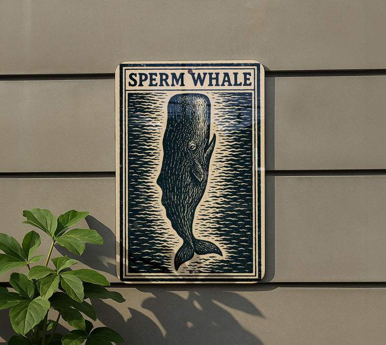 a sign with a picture of a whale, mounted on a wall.