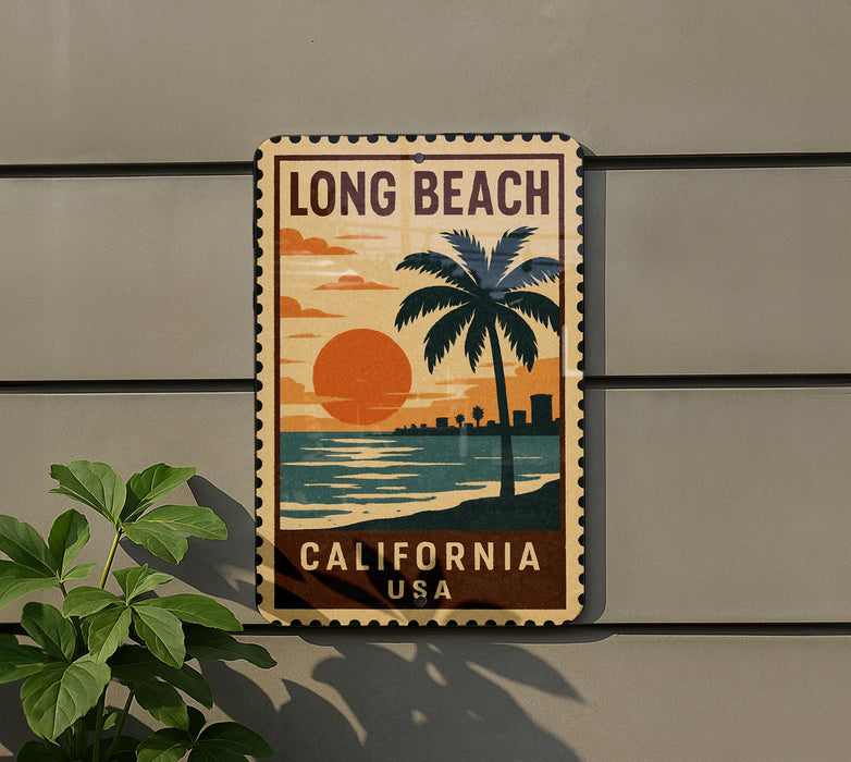 A vintage-style sign for Long Beach, California, featuring a palm tree and a sunset over the ocean.