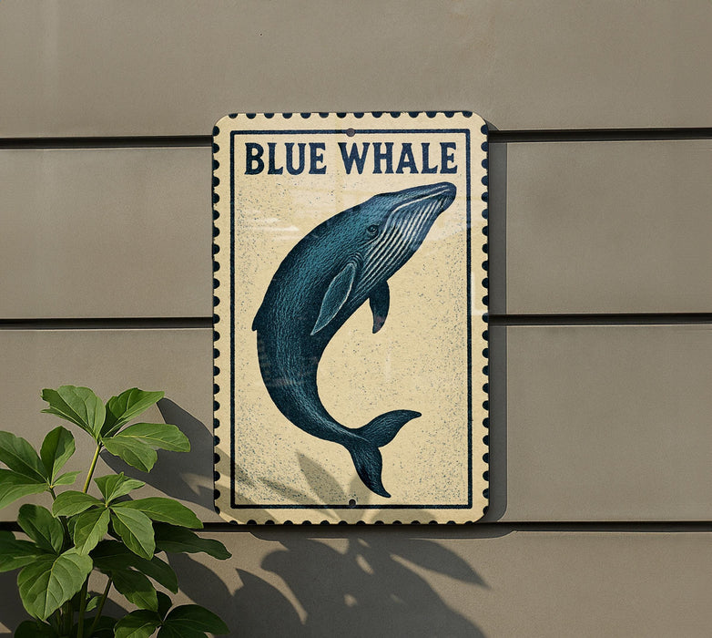 a sign with a blue whale illustration on it, mounted on a wall.