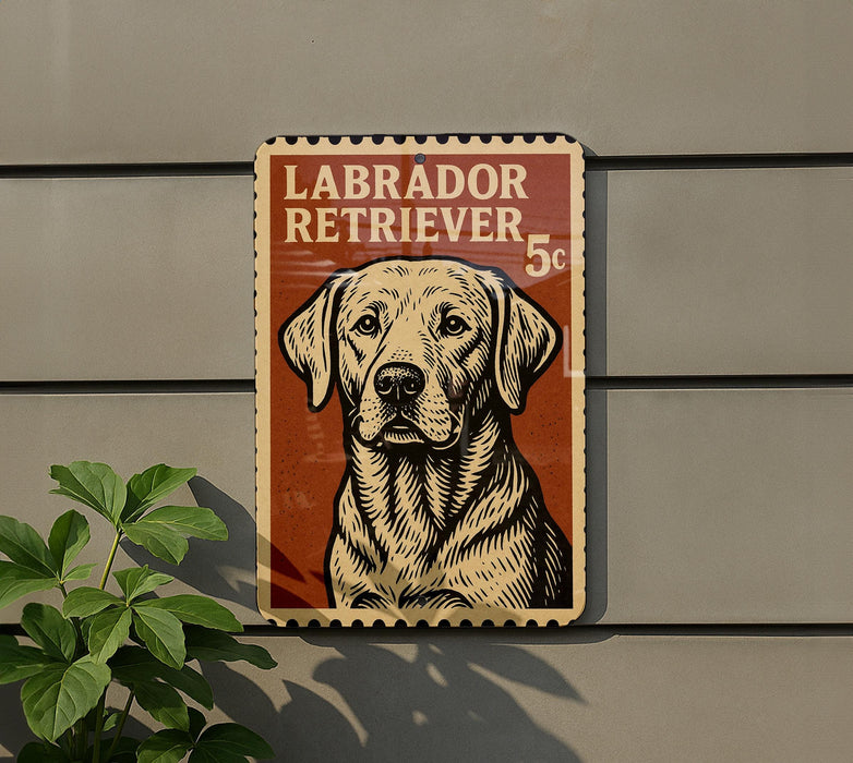 A vintage-style sign featuring a Labrador Retriever dog, with the text "LABRADOR RETRIEVER 5c" printed on it.