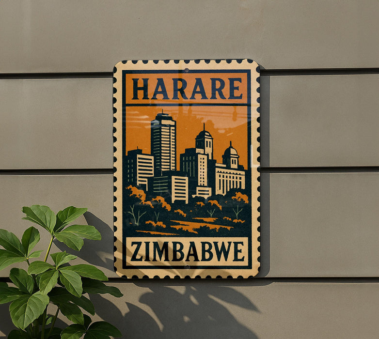 A Zimbabwe postage stamp is displayed on a wall, featuring an illustration of the city skyline.