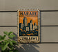 A Zimbabwe postage stamp is displayed on a wall, featuring an illustration of the city skyline.