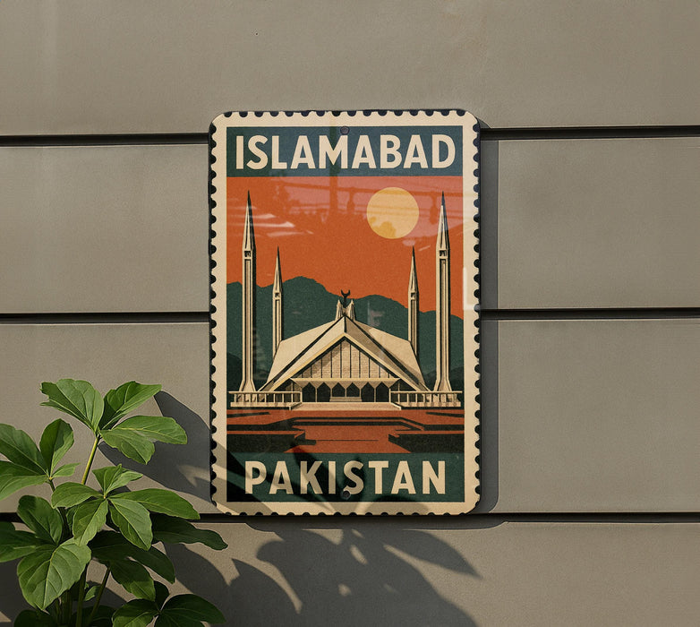A vintage-style poster of the Faisal Mosque in Islamabad, Pakistan, with a colorful illustration of the mosque and a sunset in the background.