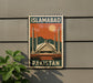A vintage-style poster of the Faisal Mosque in Islamabad, Pakistan, with a colorful illustration of the mosque and a sunset in the background.