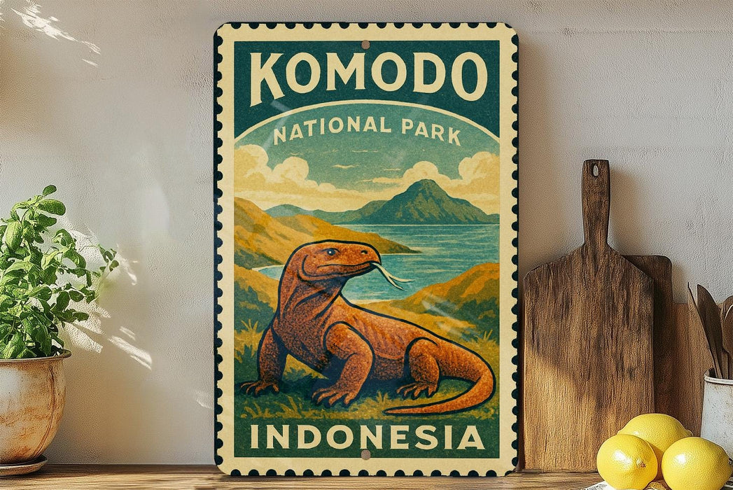 A vintage-style metal sign for Komodo National Park in Indonesia, featuring an illustration of a Komodo dragon in a natural landscape.