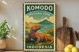 A vintage-style metal sign for Komodo National Park in Indonesia, featuring an illustration of a Komodo dragon in a natural landscape.