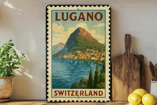 A vintage-style poster of Lugano, Switzerland, featuring a mountain landscape with a town nestled at the base. The poster is framed and displayed on a shelf, with a potted plant, a wooden cutting board, and some lemons nearby.
