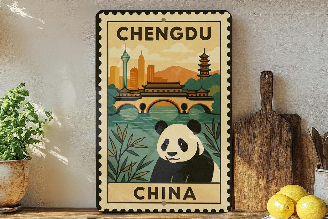 A vintage-style poster of a panda bear in front of a cityscape, with the text "CHENGBU CHINA" prominently displayed.