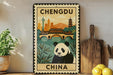 A vintage-style poster of a panda bear in front of a cityscape, with the text "CHENGBU CHINA" prominently displayed.