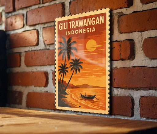 A vintage-style travel poster for Gili Trawangan, Indonesia, featuring a tropical beach scene with palm trees, a sunset, and a boat on the water.
