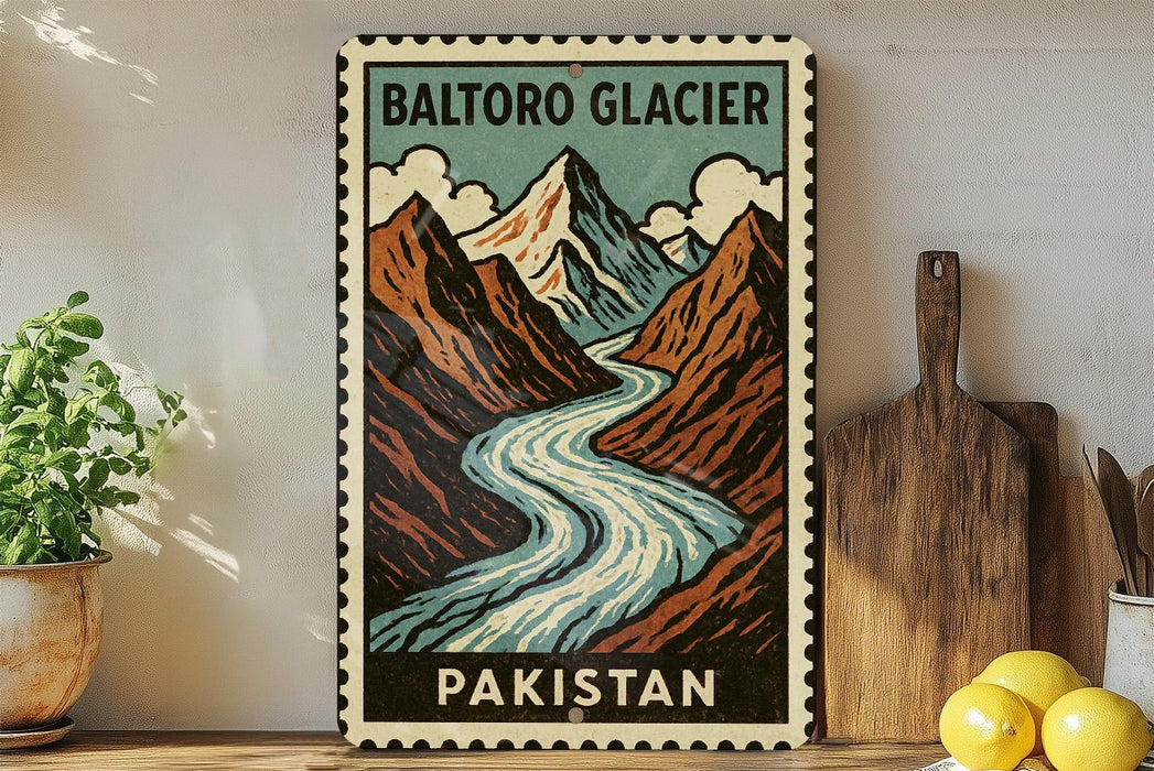 A vintage-style poster of the Baltoro Glacier in Pakistan, featuring a mountain landscape with a winding river.
