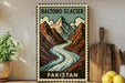 A vintage-style poster of the Baltoro Glacier in Pakistan, featuring a mountain landscape with a winding river.