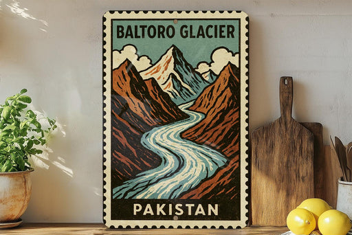 A vintage-style poster of the Baltoro Glacier in Pakistan, featuring a mountain landscape with a winding river.